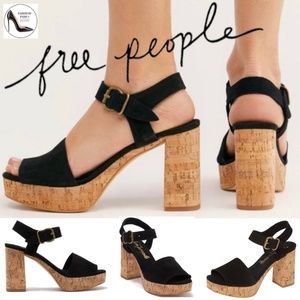 Free People Brooke Black Suede Cork Platform Sandals Block Heel Ankle Strap 39